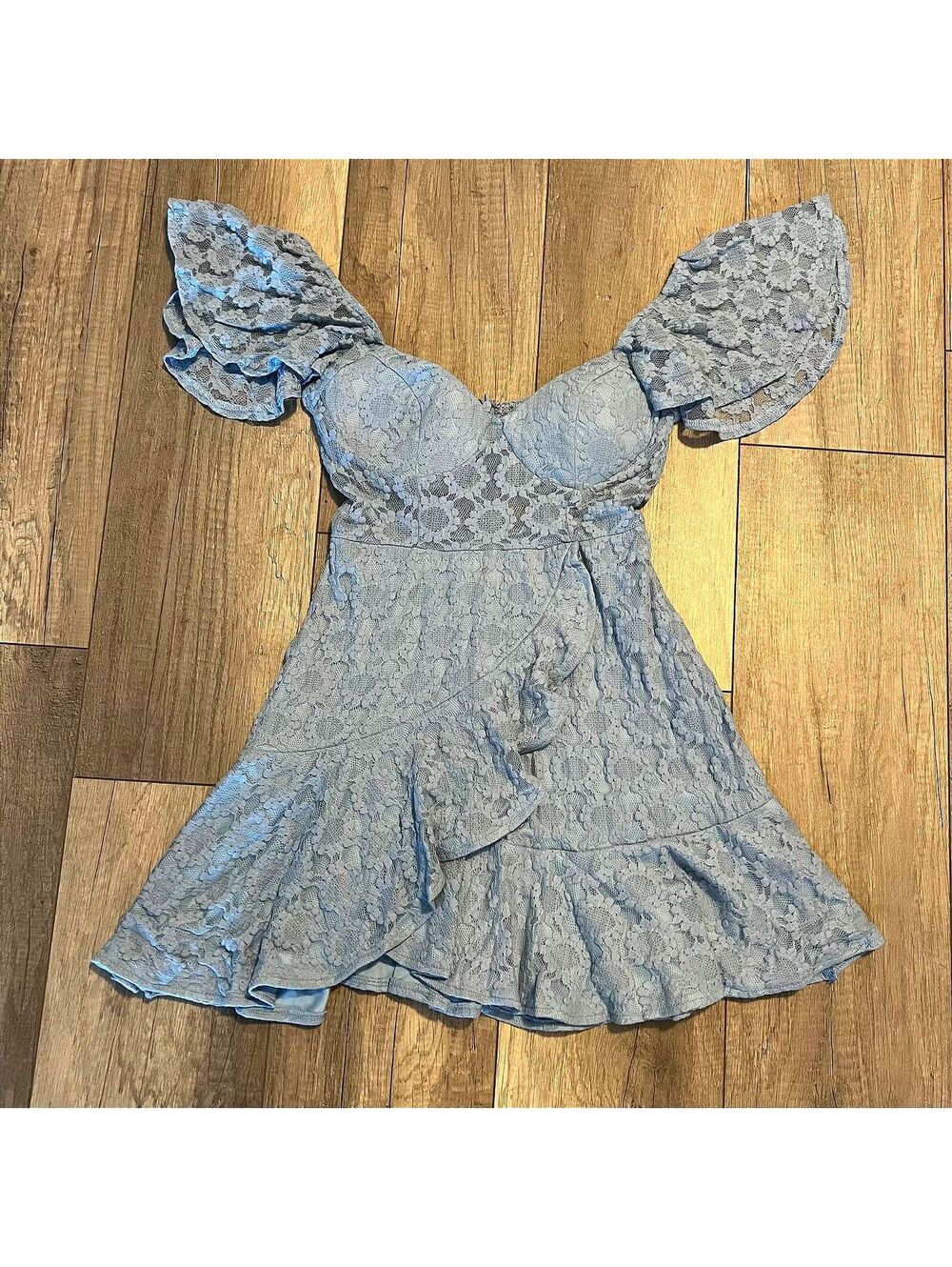 Angel Biba | Dresses | Nwt Angel Biba Light Blue Floral Lace Mini Dress Flutter Shoulder Coquette Small